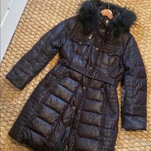 Snowimage belted puffer with rabbit trim
